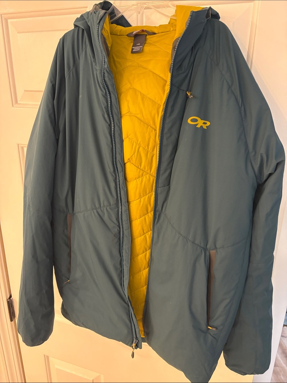 Outdoor Research Men's Teal Puffer Jacket with Yellow Lining